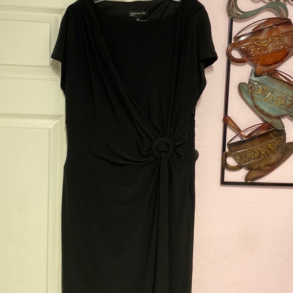 Y womens Jones New York solid black sexy stretch cap sleeve dress 16